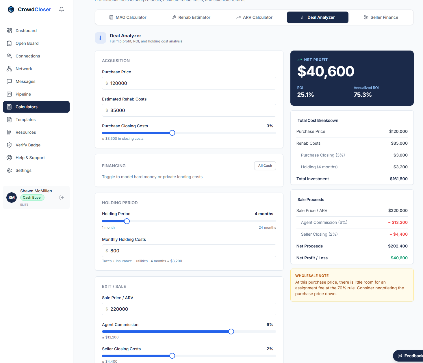 CrowdCloser Deal Analyzer — calculate net profit
